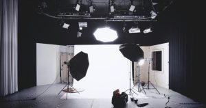 Footwear photography studio setup with controlled lighting.