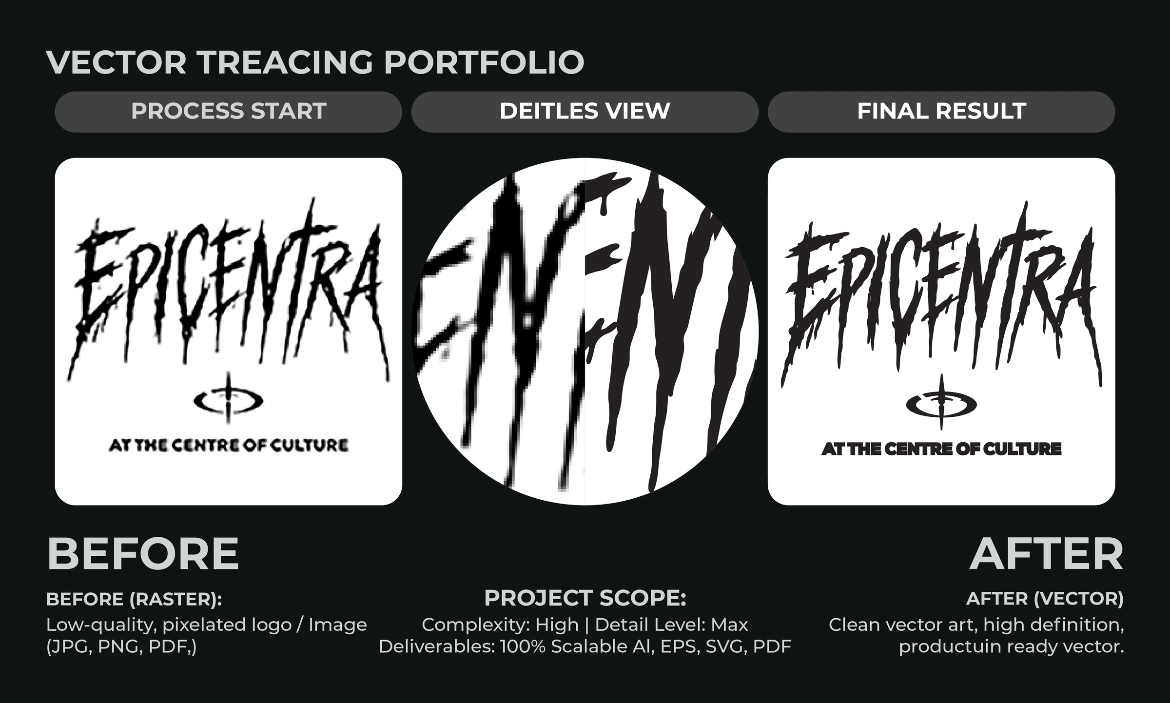 Manual vector tracing comparison: Epicentra · custom lettering, showing raster source and redrawn artwork