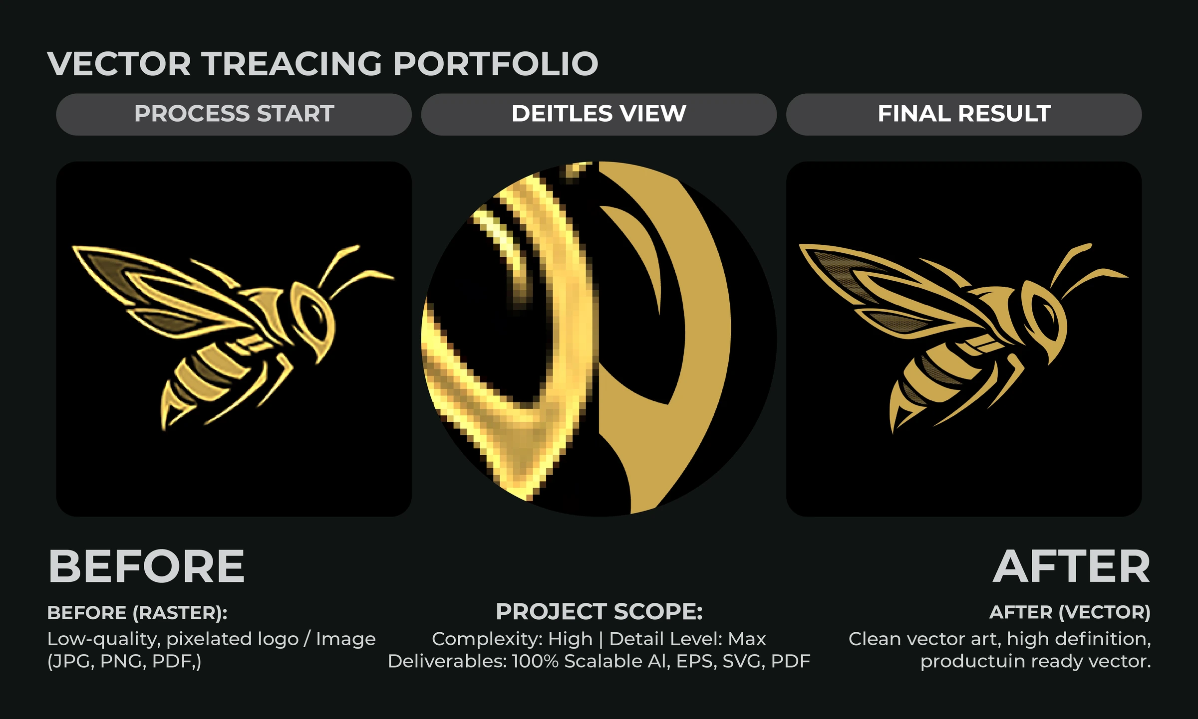 Manual vector tracing comparison: Gold hornet · emblem tracing, showing raster source and redrawn artwork