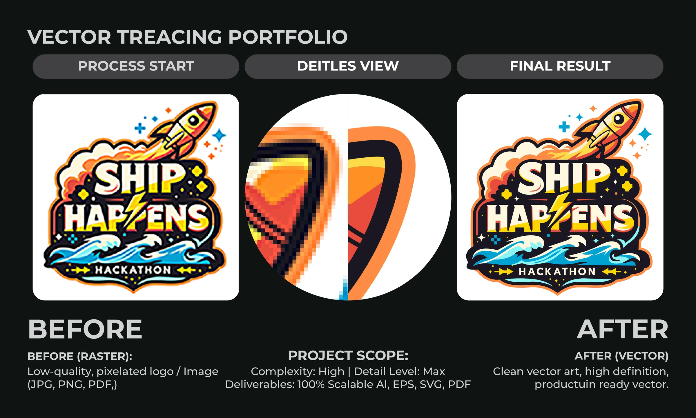 Manual vector tracing comparison: Ship Happens · illustrated emblem, showing raster source and redrawn artwork