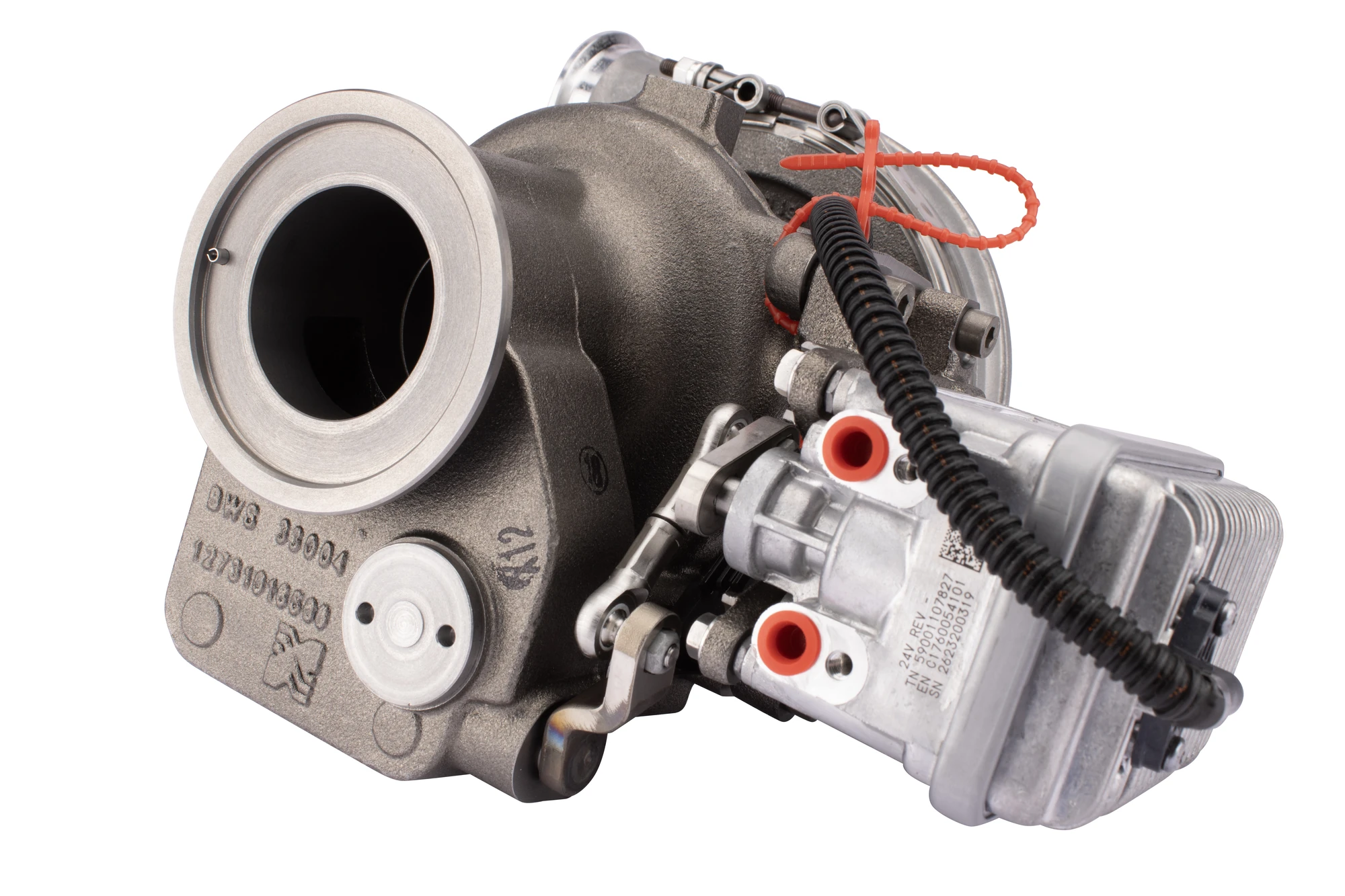 Turbocharger housing and actuator isolated on white after background removal