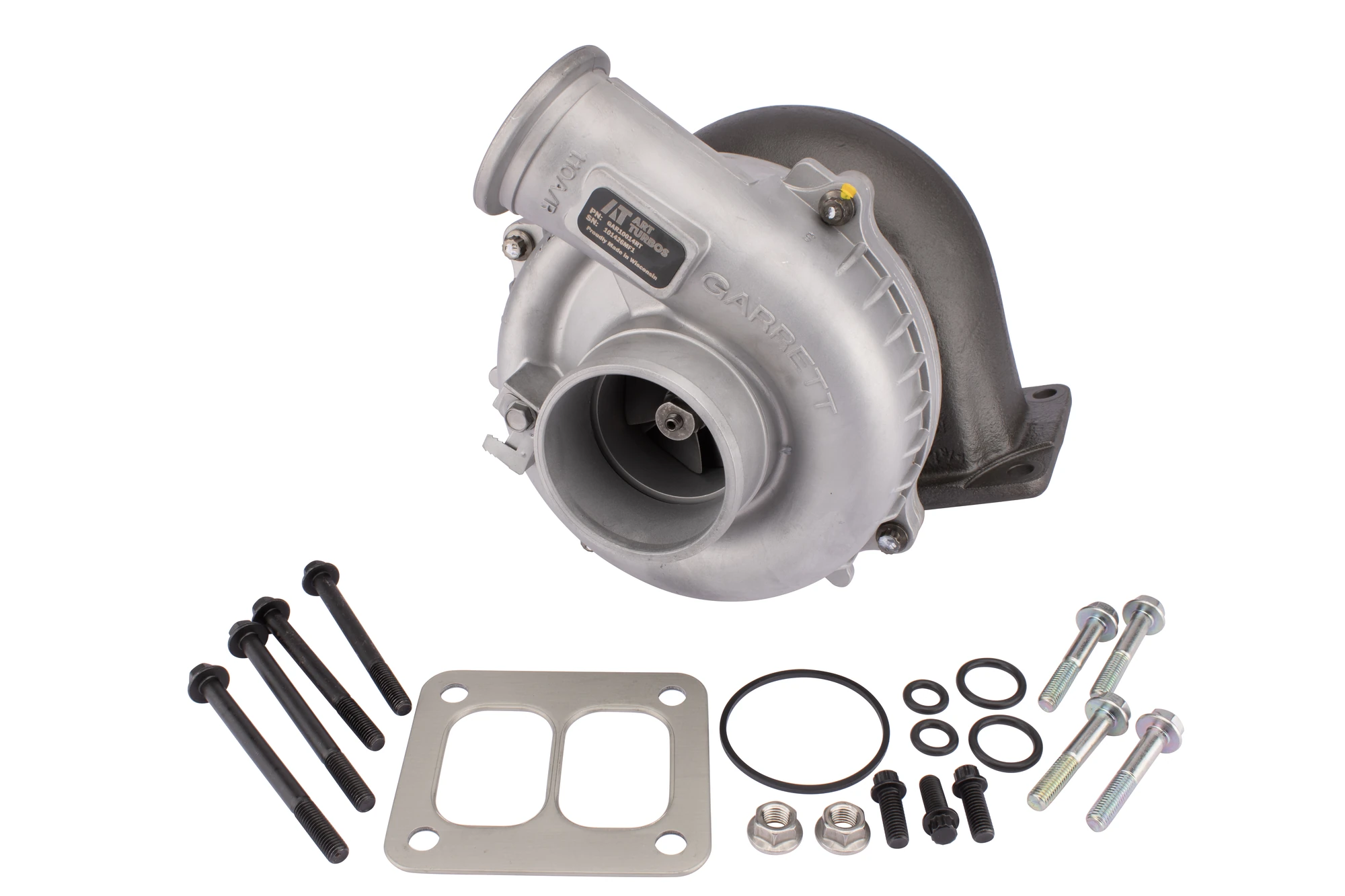 Turbocharger and fitting kit after car parts photo editing on a white background